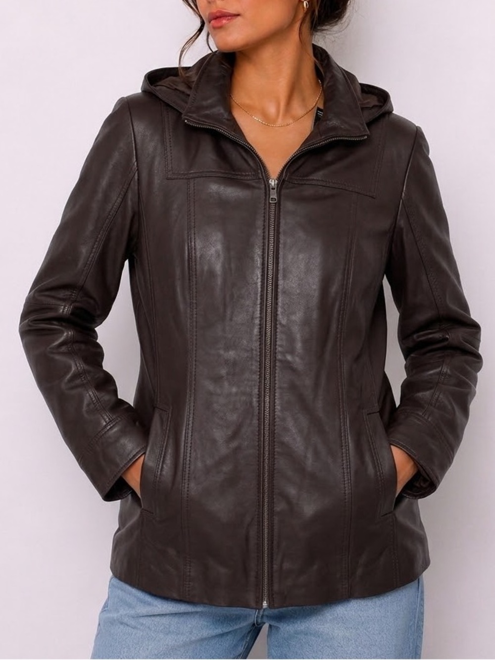 Danier Leather Jacket Hooded Dark Brown Leather Zip Jacket Lined Warm